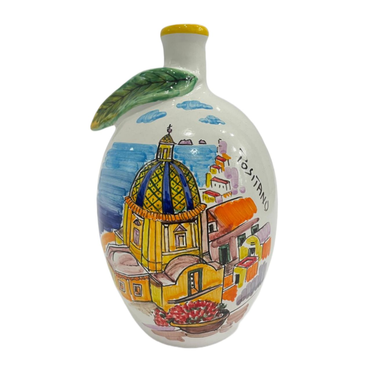 Bottle with leaf and city decoration