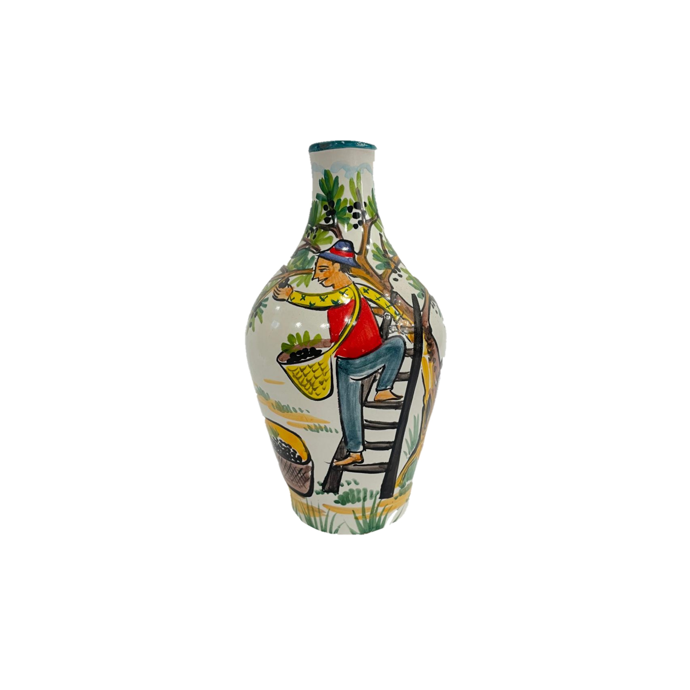 Bottle with man collecting fruit